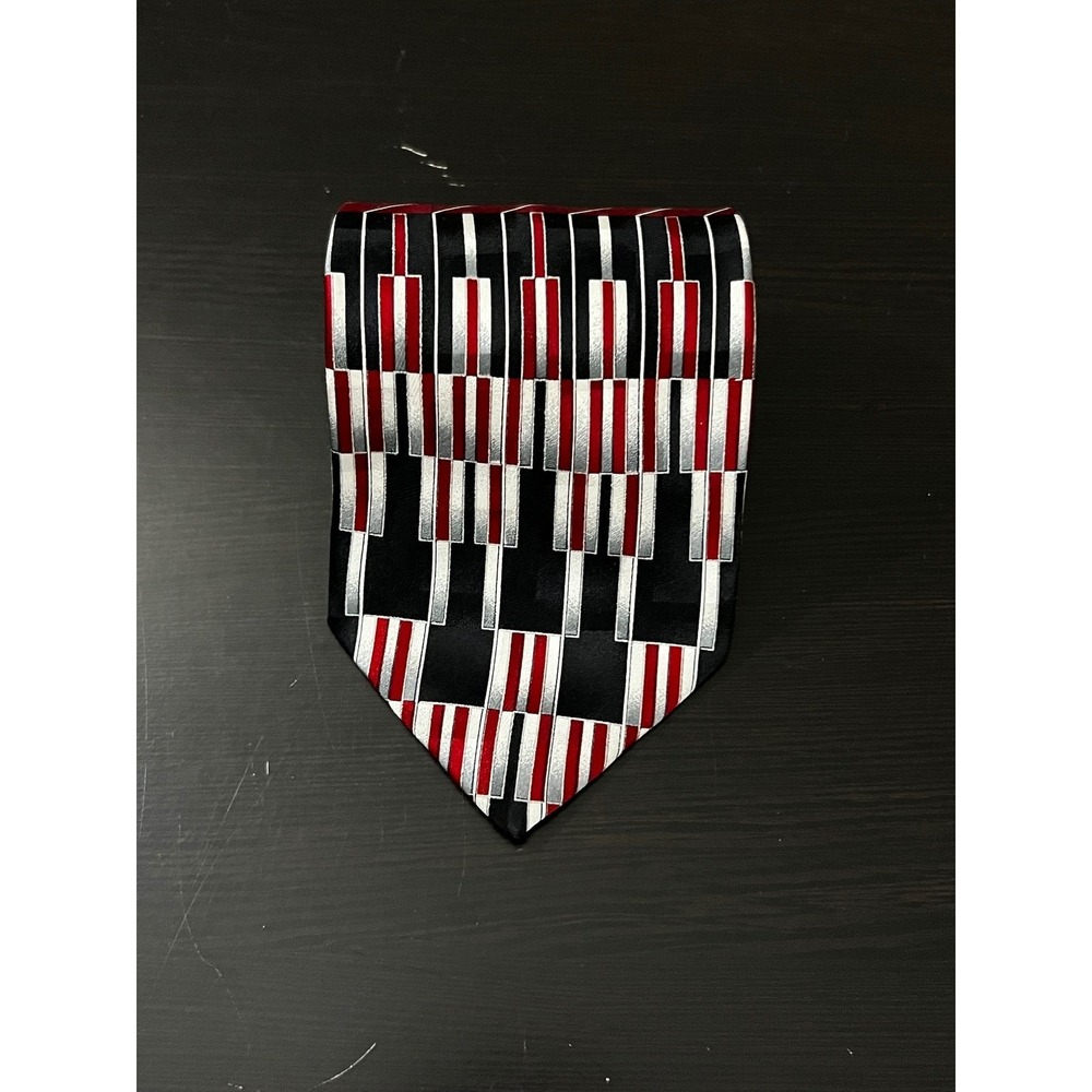 Ferracci Mens Silk Tie Red Black Silver Geometric Piano Key Music Theme USA Made
